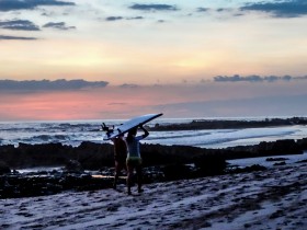 Surfeurs au coucher du soleil